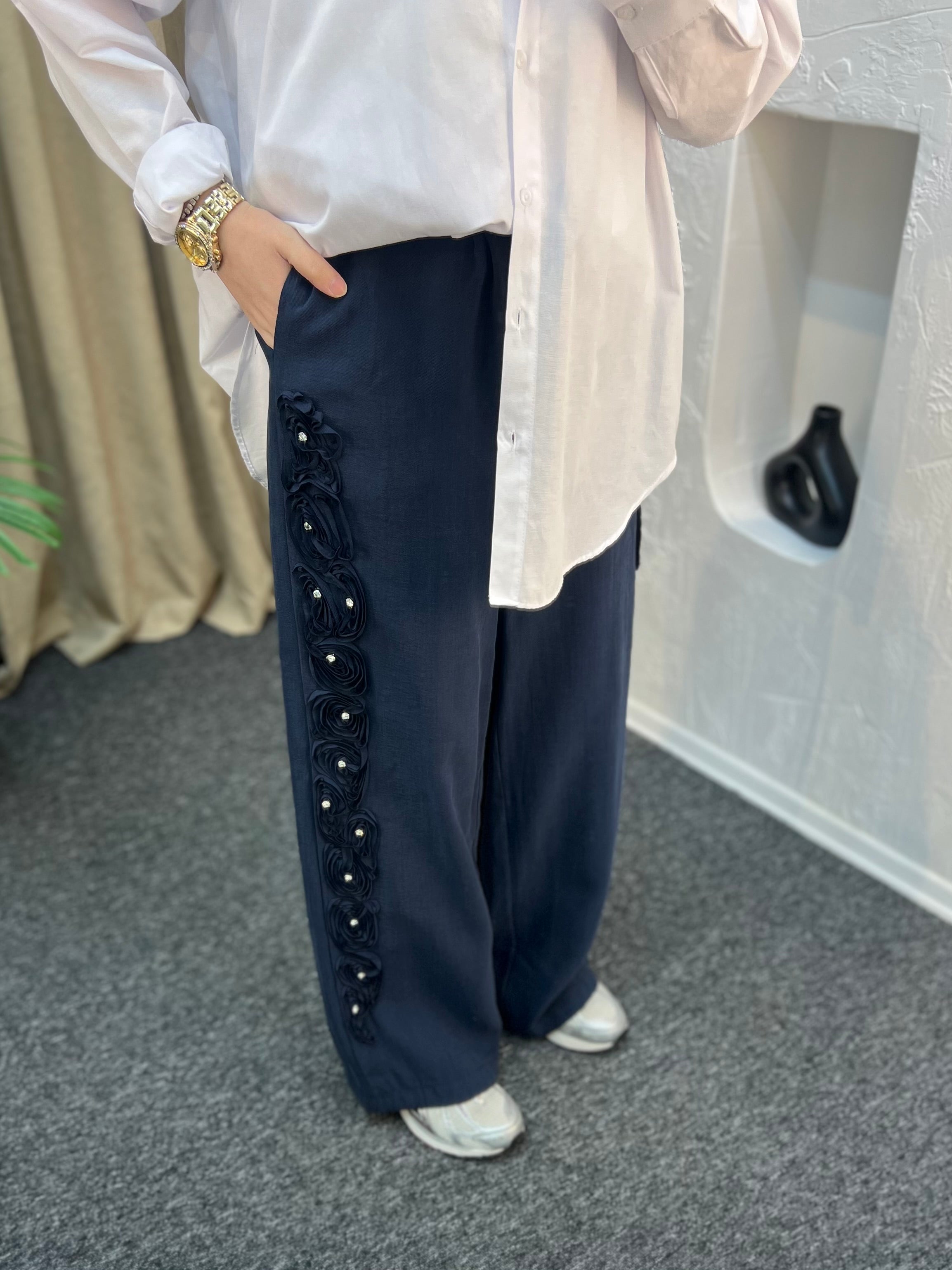 Taşlı Çiçek Pantolon